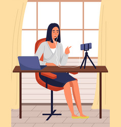 Podcaster Woman Character In Office Room Interior