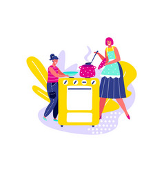 Two Cartoon Women Cooking Together In A Stylized