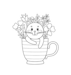 Cute Kitten In Mug And Surrounded By Flowers