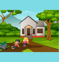 Little Kids Playing A Mud In Front House