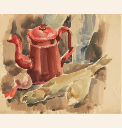 Watercolor Drawing Of Still Life With Red Kettle