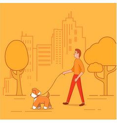 A Young Man Walking Dog In The City Park