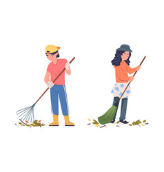 Teen Boy And Girl Volunteer Character With Rake