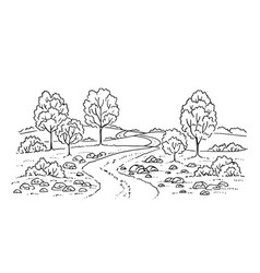 Rural Landscape With Road And Tree Hand Drawn