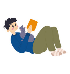 Happy Boy Reading A Book Cute Cat Hygge Lifestyle