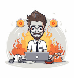 A Cartoon Man Working On Laptop In Fire