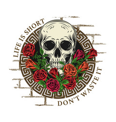 Circular Label With Skull Roses Brick Wall Text