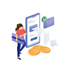 Isometric Flat Concept Girl Holding Atm Card