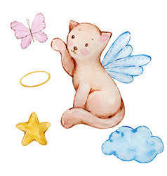 Watercolor Cute Baby Angel Cat