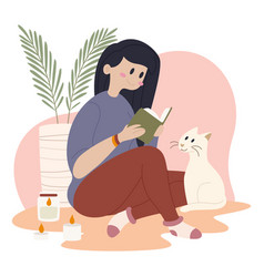 Woman Reading A Book Cute White Cat Hygge