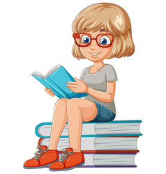 Cartoon Of A Girl Reading A Book On A Stack Of