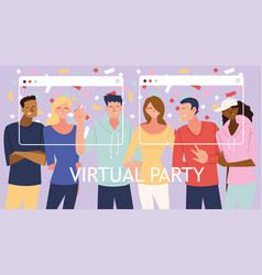 Virtual Party With Men Women Cartoons And Confetti