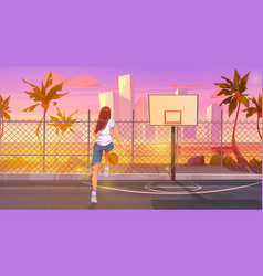 Young Woman Playing Basketball On Street Court