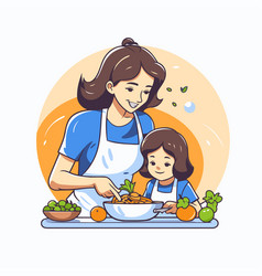 Mother And Daughter Cooking Together In Cartoon