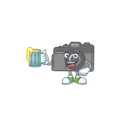 Smiley Digital Camera Mascot Holding Glass Beer