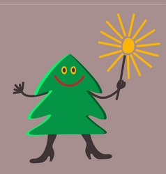 Happy Smiling Christmas Tree With Sparkler In Hand