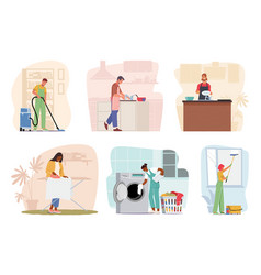 Set Of Characters Doing Daily Household Routines