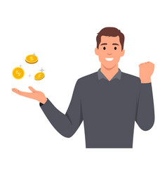 Young Man Holding A Gold Coin Earning Money