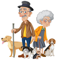 Elderly Couple Cartoon Character With Their Pet