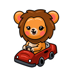 Cute Baby Lion Cartoon Driving Red Car