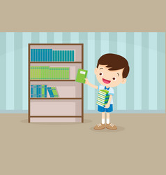 Cute Student Boy Putting Books Back On Shelves