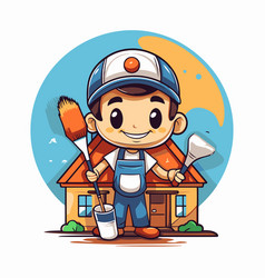 Cute Cartoon Boy Holding Paint Brush And House