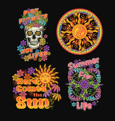 Summer Labels With Sun Rainbow Chamomiles Skull