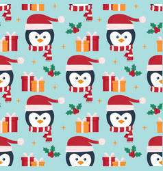 Christmas Pattern With Cute Penguins And Gift