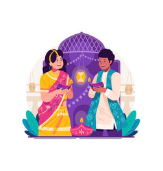 Happy Diwali Greetings Indian Couple Holding Lit