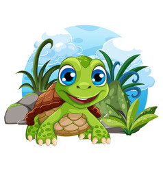 Cute Turtle Cartoon Surrounded By Plants And Rocks