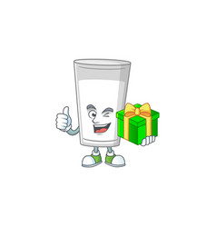 Smiley Glass Milk Character Holding A Gift Box