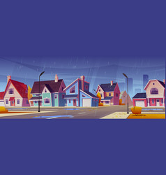 Town Suburban Neighborhood With Houses In Rain