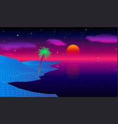 Beach With Palm Tree At Sunset Synthwave