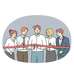 Excited Businesspeople Cut Ribbon Together