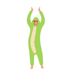 Funny Girl In Snake Onesie Costume On Pajama Party