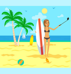 Woman With Surfboard Is Making Selfie Girl