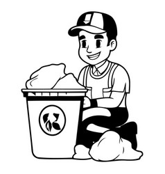 Volunteer With Trash Bin In Cartoon Style