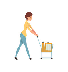 Young Woman Walking With Shopping Cart Girl