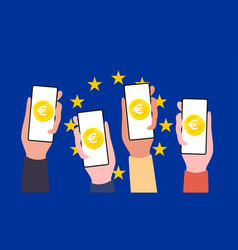 Digital Euro Coins On Mobile Screen Of People