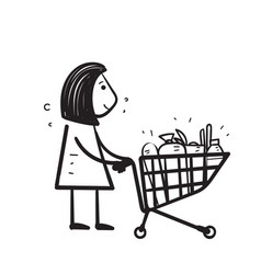 Hand Drawn Doodle Woman Pushing Trolley