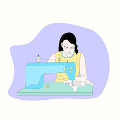 A Woman Sews On Sewing Machine