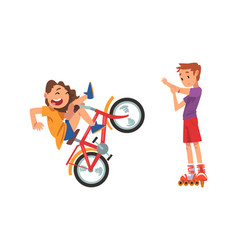 Boy And Girl Falling Off Bike And Having Elbow