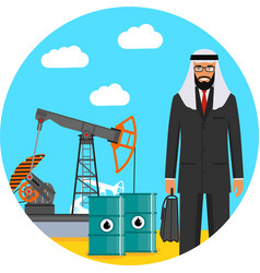 Arab Muslim Businessman With Oil Pump And Barrels