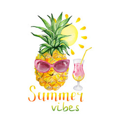 Watercolor Pineapple With Sunglasses And Cocktail