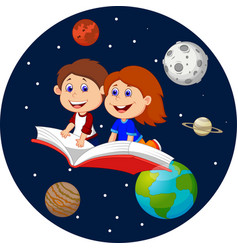 Cartoon Happy Kids Flying On A Book In Outer Space