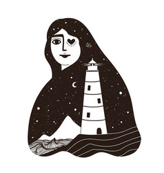 Long Hair Woman Lighthouse Mountains And Sea