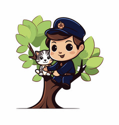 Cute Boy With A Cat In The Tree