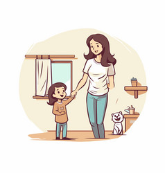 Mother And Daughter With Dog At Home In Cartoon