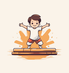 Happy Boy Jumping On Bamboo Raft Cartoon Kid