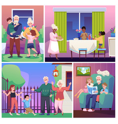 Set Of Scenes With Grandparents And Children Flat